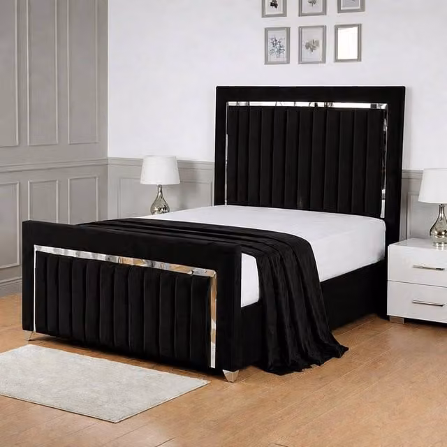 Living Comfort Bedz Chrome Edge Upholstered Slatted Base Bed with 48 Inch Headboard in Black Velvet, W/D/H: 120 x 200 cm – 1