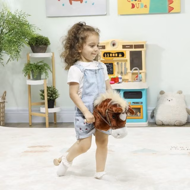 AIYAPLAY Interactive Brown Stick Horse with Wheels and Real Neighing Sound