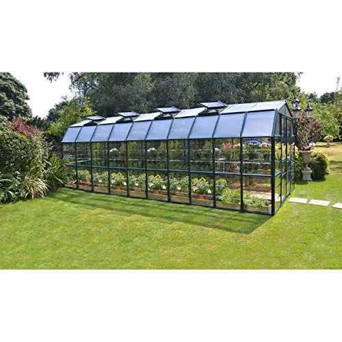 Palram Canopia Grand Gardener Greenhouse with Green Resin Frame and Transparent Polycarbonate Panels, W: 264.7 in, D: 637.3 in, H: 238.2 in – 2