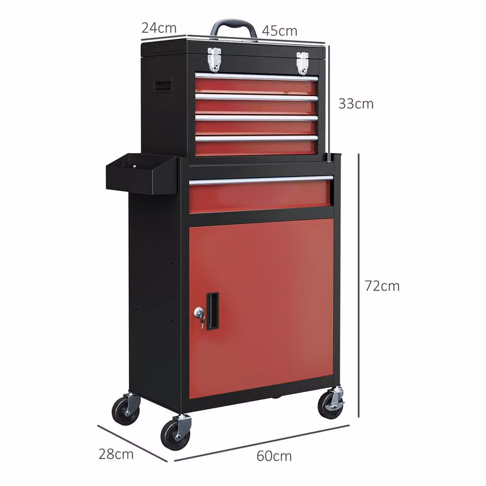STILVORA Red Steel Tool Storage Chest on Wheels with Lockable Drawers and Cupboard – 3