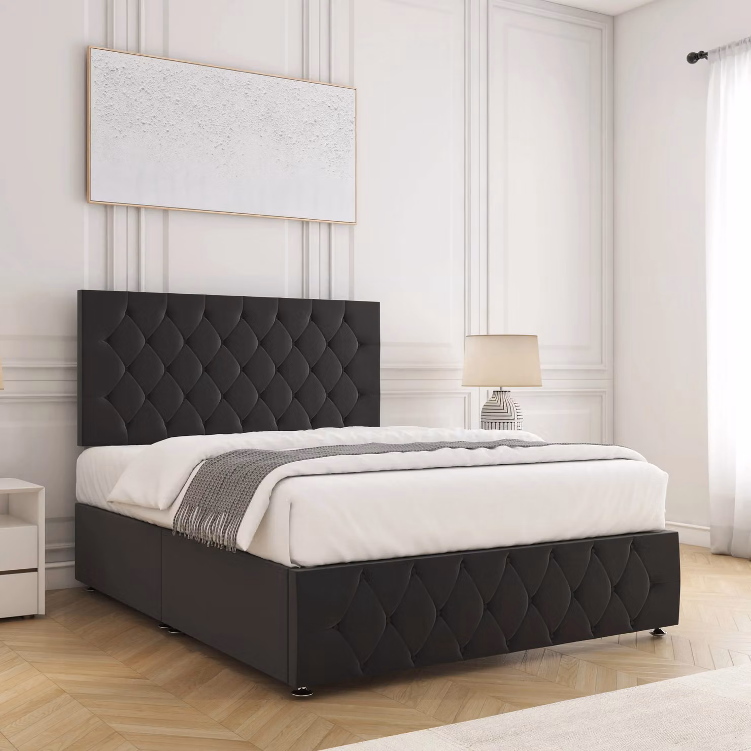 BSSPOKE Mulberry Divan Bed with 24 inch Plush Headboard and Footboard in Black, Small Double, W/D/H: 120 x 200 cm – 2