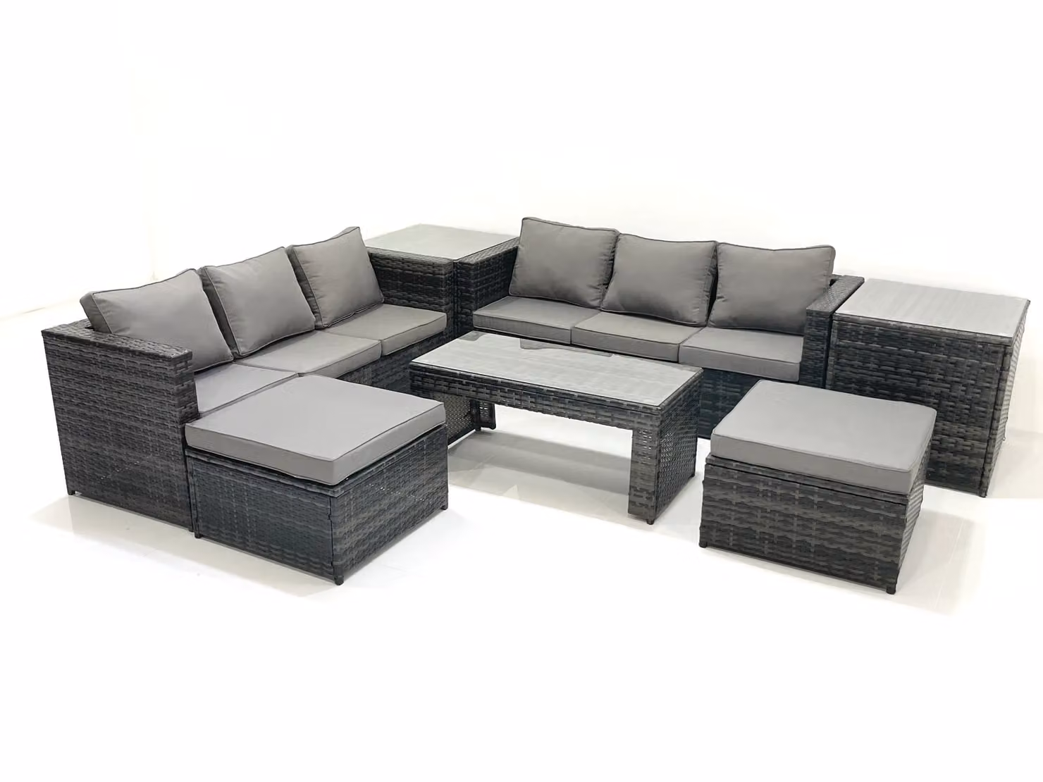 Fimous Garden Outdoor Rattan Furniture Set in Dark Grey with Sofa, Coffee Table, 2 Big Footstools and 2 Side Tables – 2