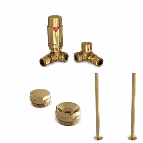 UK Radiators Derry Bold Modern Polished Brass Thermostatic Radiator Valve and Lockshield Set with 1/2BSP 15mm Connection