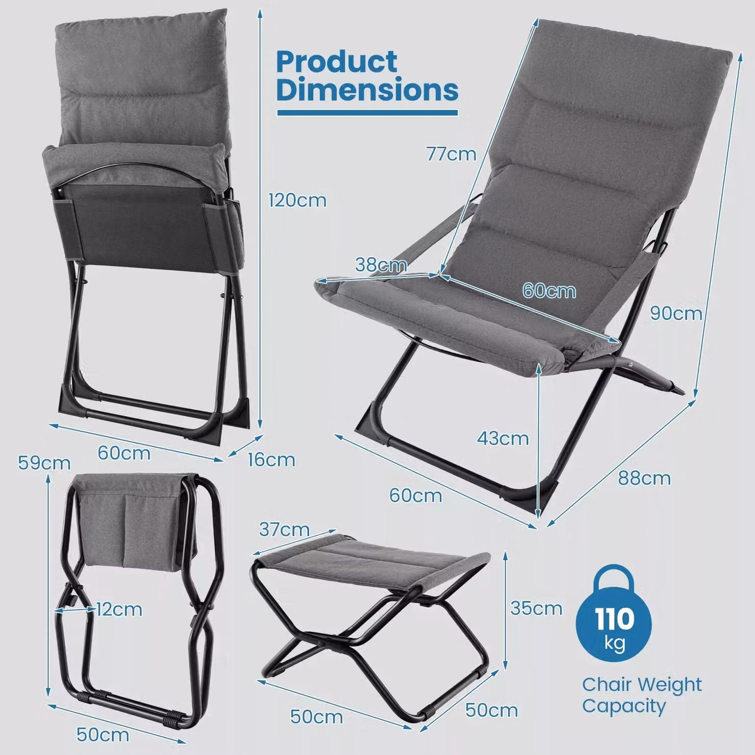 Costway Grey Folding Sling Patio Lounge Chair with Footrest and Armrests – 2