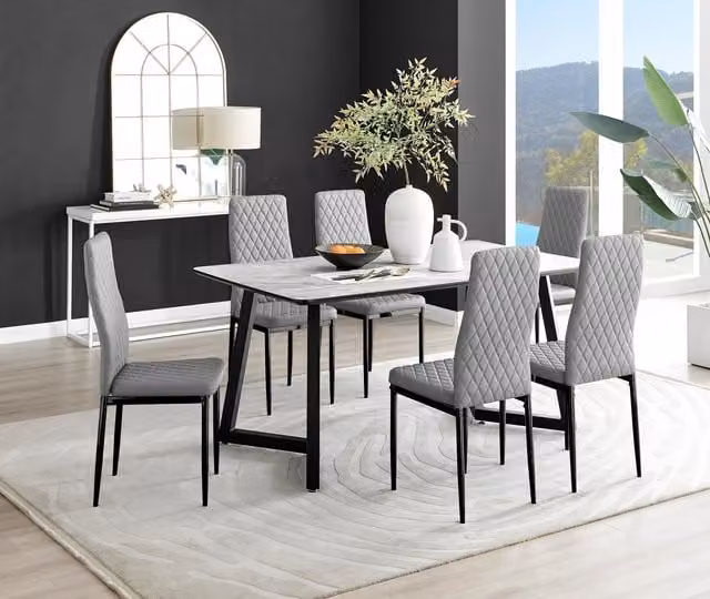 FurnitureboxUK Carson White Marble Effect Rectangular Dining Table and 6 Milan Black Leg Chairs in Grey