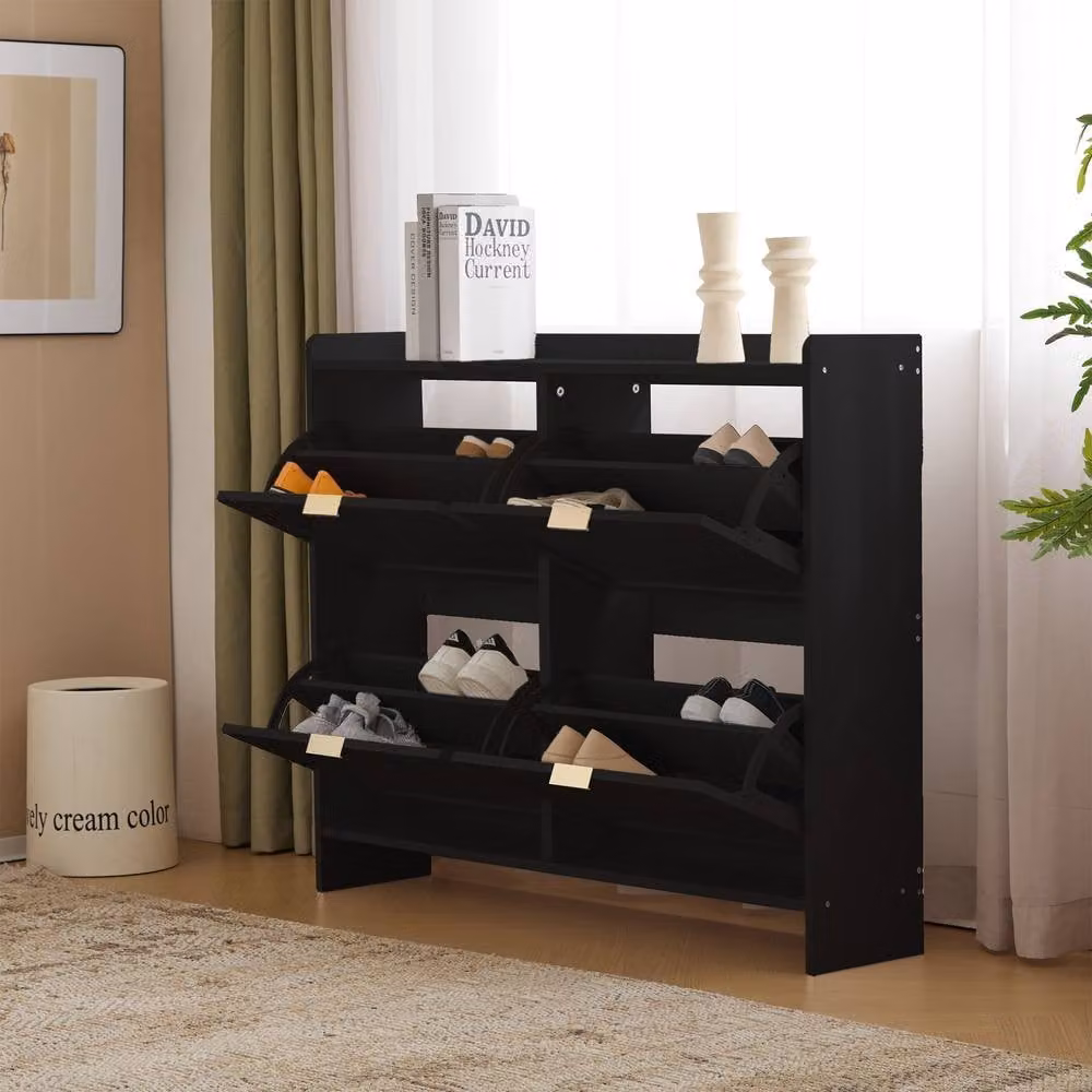 ModernLuxe Modern Black Shoe Cabinet with 4 Tilting Compartments and Open Storage – 1