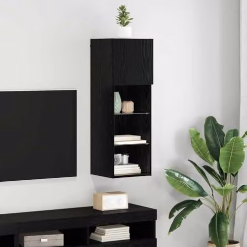 vidaXL Modern Wall-mounted TV Cabinet in Black with Glass Doors and Integrated Lighting, W/D/H: 90 x 30 x 30 cm – 2