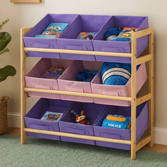 Orsina 9 Canvas Tubs Kids Storage Unit in Natural Pine with Pink and Purple Toy Organisers