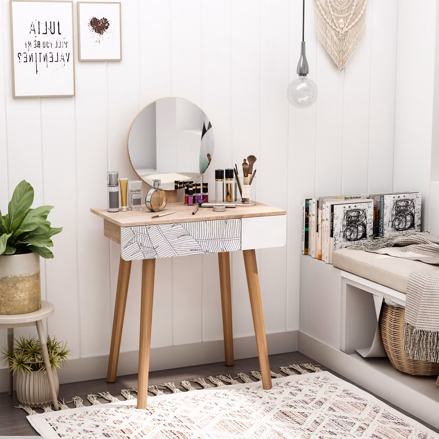 HOMCOM Height Adjustable Wooden Dressing Table with Drawer and Mirror in Oak Brown – 2