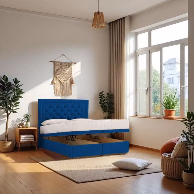 Knight Sleep Athens Navy Plush Fabric Ottoman Bed with Mattress and 24 inch Headboard, Small Single