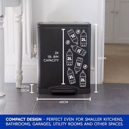 Harbour Housewares 30L Stainless Steel Double Kitchen Pedal Bin with Soft Close Compartments and Removable Inner Buckets, Black – 3