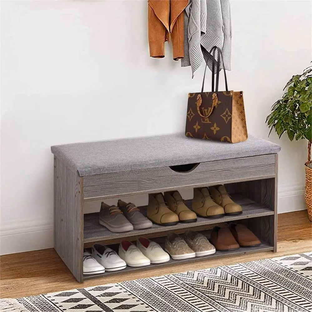 SPETLEK Shoe Bench Storage Rack Cabinet with Grey Fabric Cushion Seat – 2