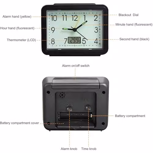 mysmartbuy Set of 2 Black Analogue Alarm Clocks with Temperature Reading and Glow in the Dark Face, H8.5 x W11 x D4.5 cm – 6
