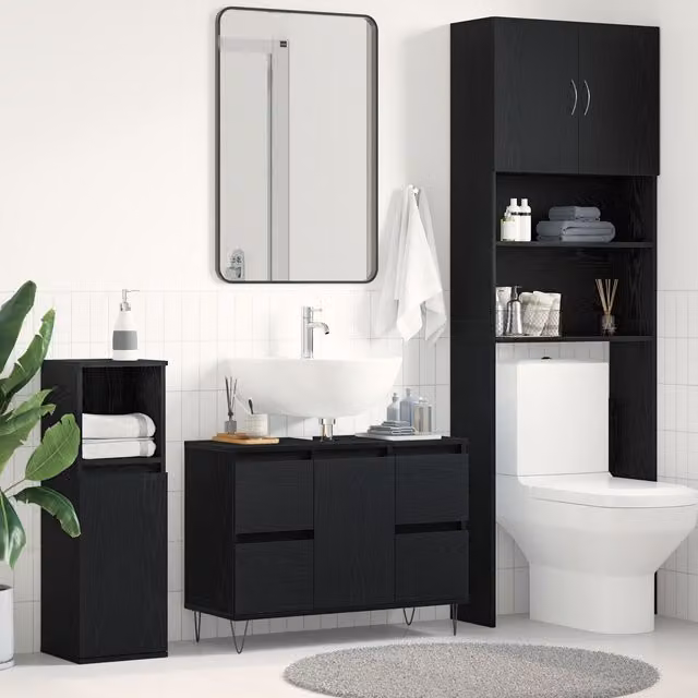 Berkfield Home Modern Black Oak Bathroom Sink Cabinet with Hinged Doors and Internal Drawers, W/D/H: 80 x 33 x 60 cm
