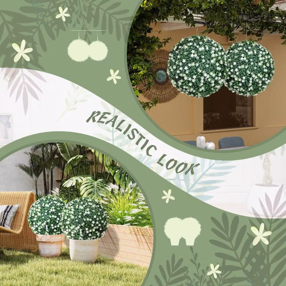 Wyld Haus Set of 2 Green Artificial Round Boxwood Hanging Plants in White Pots – 5