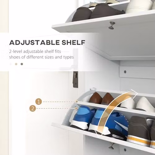 HOMCOM Modern White Wall Mounted Shoe Cabinet with Tilting Compartments and Internal Shelves – 2