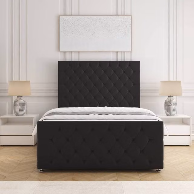 BSSPOKE Maya Plush Double Divan Bed with 54 inch Headboard and Footboard and Mattress in Black Velvet Fabric, W/D/H: 140 x 200 cm