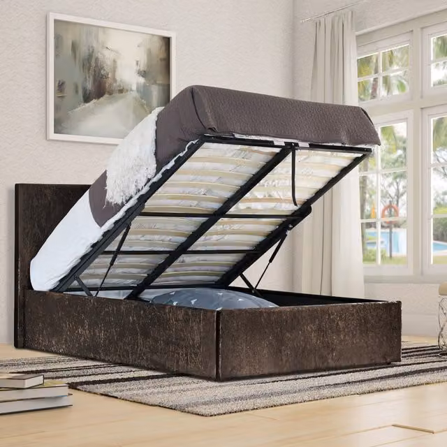 Comfy Living Brown Velvet Upholstered Single Ottoman Bed Frame with Lift Up Base