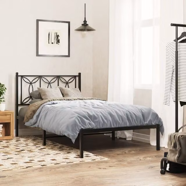 Berkfield Home Metal Bed Frame with Headboard, Black, W: 107 cm, L: 203 cm