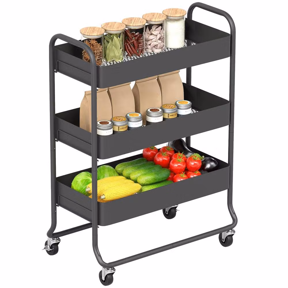 HOMCOM 3-Tier Metal Storage Trolley with Mesh Baskets and Wheels, Black – 2