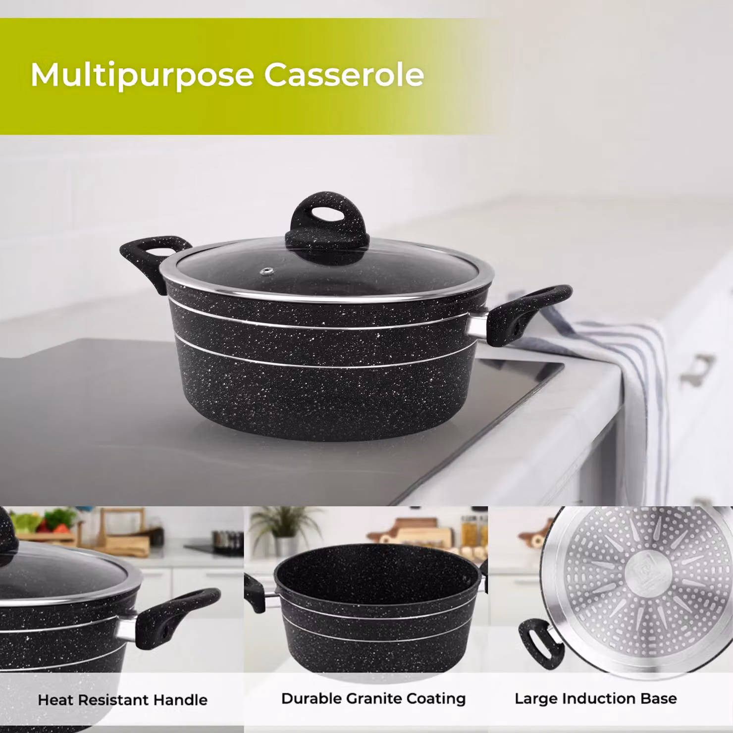 Royalford Non Stick Black Casserole Dish with Tempered Glass Lid – 5