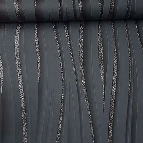 SOPHIE LAURENCE Luxury Charcoal Black and Silver Glitter Sparkle Textured Wave Stripe Vinyl Wallpaper