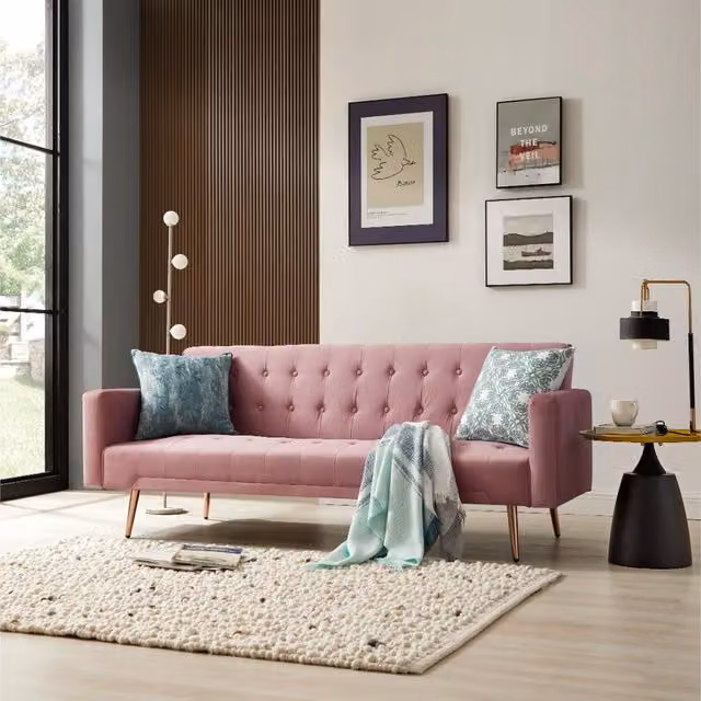 Tudor Pink Velvet Click-Clack Sofa Bed with Metal Legs, W/D/H: 191 x 140 x 78 cm