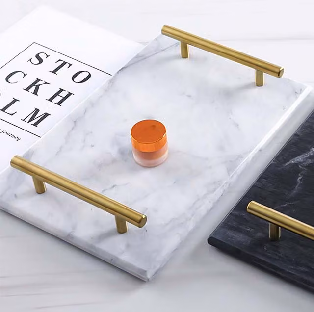 Maison Des Cadeaux Rectangular White Marble Tray with Gold Metal Handles