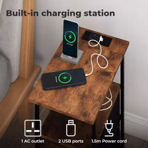 Levede Industrial Slim Bedside Table with Charging Station and 2 Drawers in Brown and Black – 8
