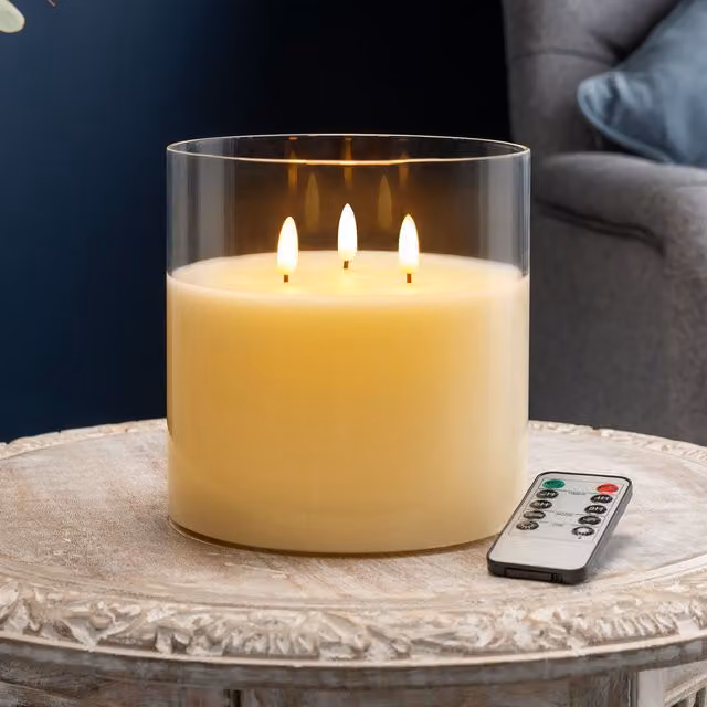 Christow 3 Wick Glass LED Candle with Remote Control and Flicker Effect in Transparent Yellow