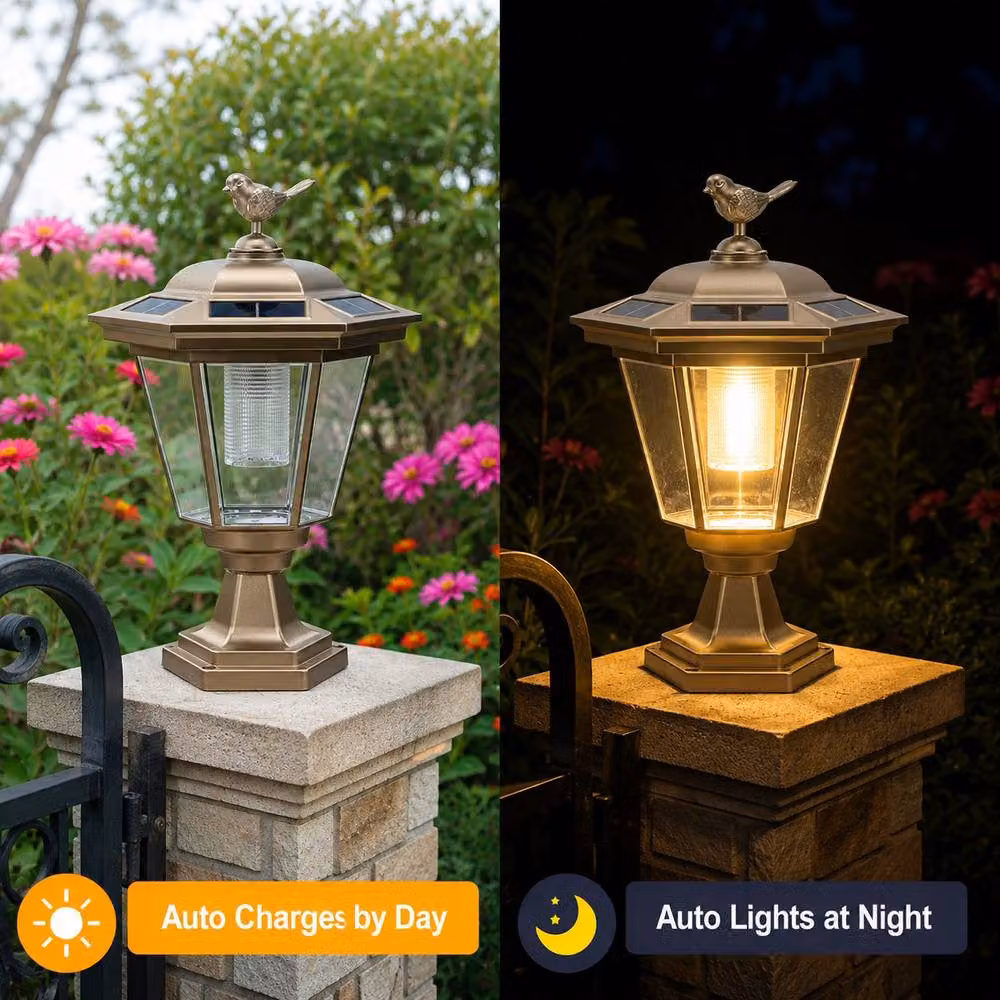 GWSOLAR Solar Bird Pattern Pillar Lamp in Gold with Warm White Light, IP44 Waterproof Garden Post Lantern with Dusk to Dawn Sensor – 3