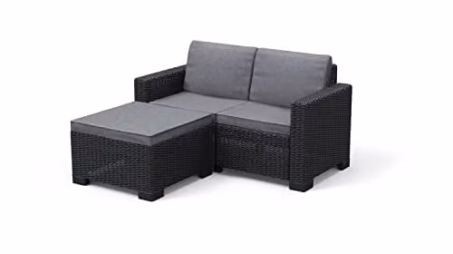 Keter California 2 Seater Outdoor Garden Furniture Set with Matching Ottoman in Graphite Polyrattan and Grey Upholstered Cushions
