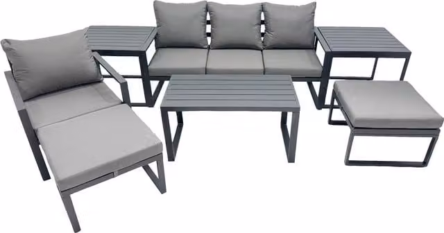 Fimous 6-Seater L-Shape Outdoor Garden Furniture Set in Dark Grey, featuring a 3-Seater Sofa, Ottoman, and Coffee Table with Powder Coated Aluminium Frame and Upholstered Cushions