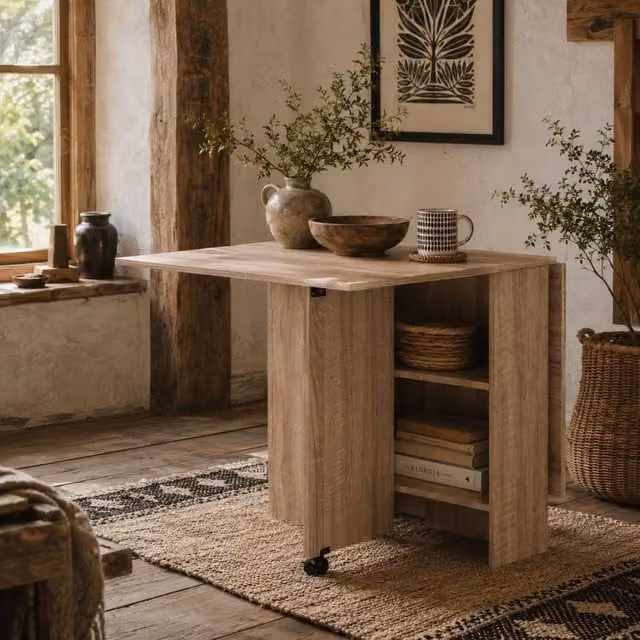 Wyld Haus Vasufa Natural Wood Effect Drop Leaf Dining Table in Brown, W/D/H: 117 x 75 x 75 cm