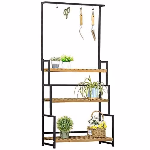 Outsunny 3 Tiered Plant Stand with Hanging Hooks in Black and Wood, H 174 x W 36 x D 36 cm – 1