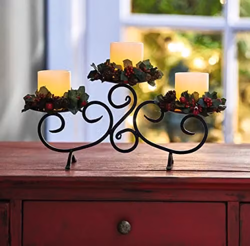 mysmartbuy Festive Floral Metal Tabletop Candle Holder with LED Taper Candles and Multicolour Berries, H: 32.5 cm x W: 15.5 cm x D: 12.5 cm – 2