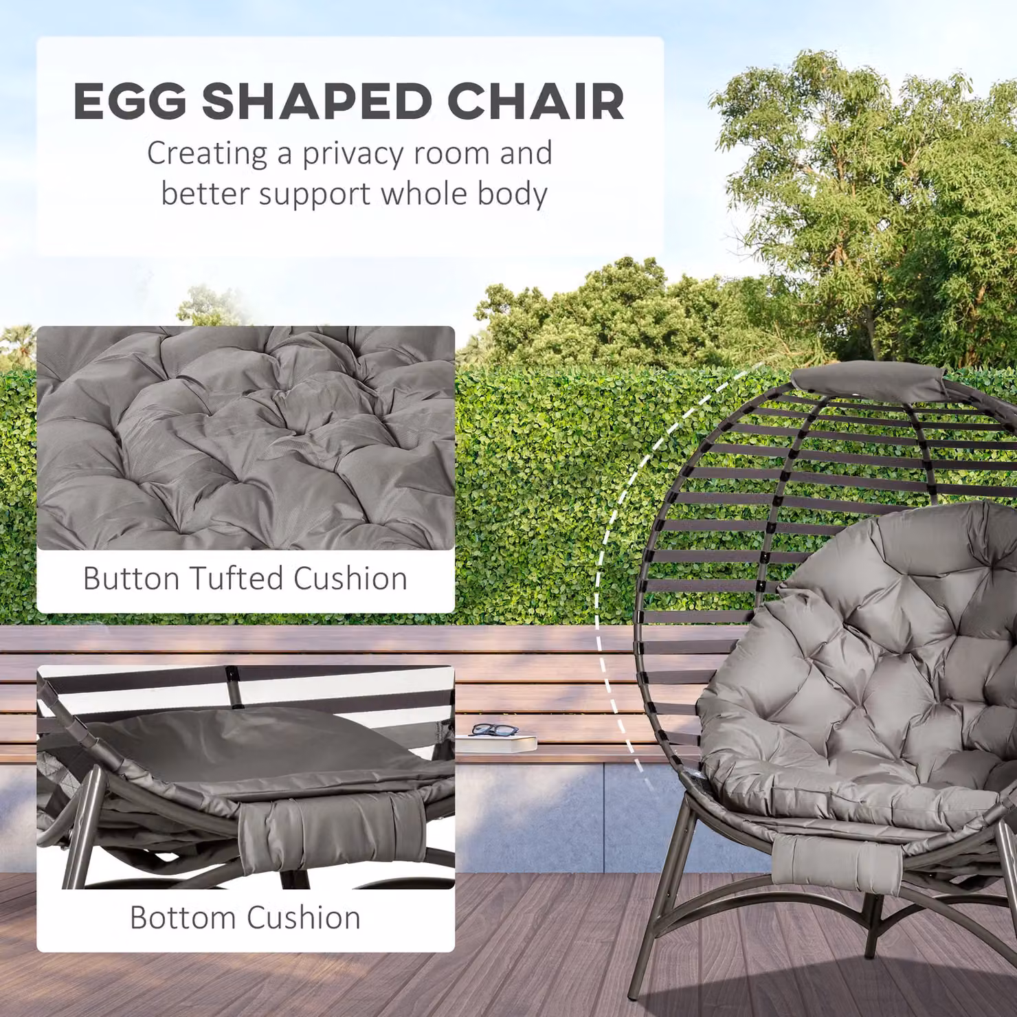 Outsunny Egg Chair with Soft Cushion and Side Pocket in Brown with Metal Frame – 5