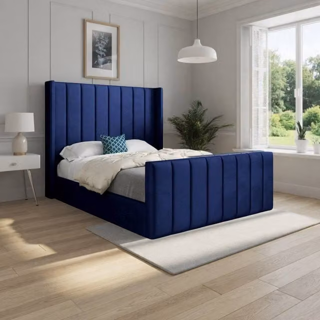 KDMD Strumpshaw Winged Upholstered Blue Soft Velvet Designer Bed Frame, W/D/H: 180 x 200 x 159 cm – 1