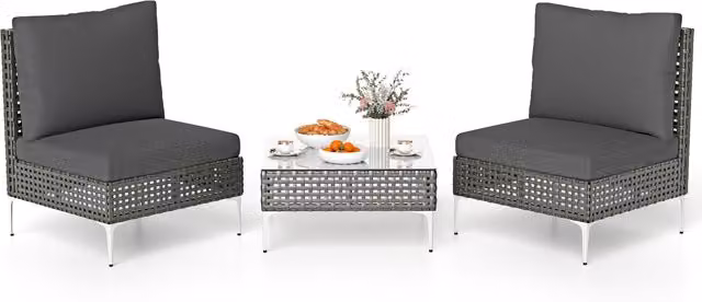 COSTWAY 3 Piece Modern Bistro Furniture Set in Grey with Rattan and Glass Details