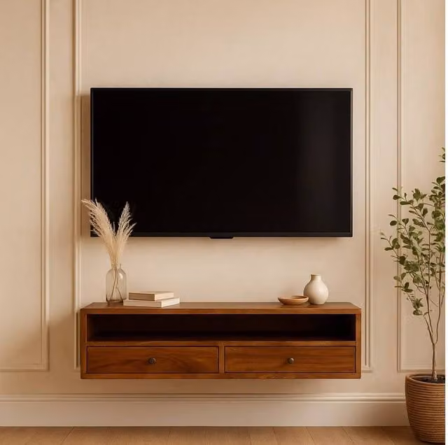 STILVORA Modern Wall Mounted Mango Wood Media Unit with 2 Drawers and Shelf in Brown