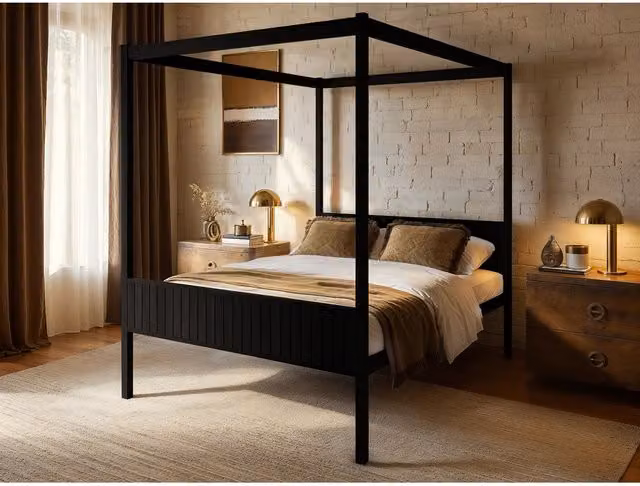 Flair Modern Black Solid Wood Pine 4 Poster Canopy Bed, 180 x 200 cm