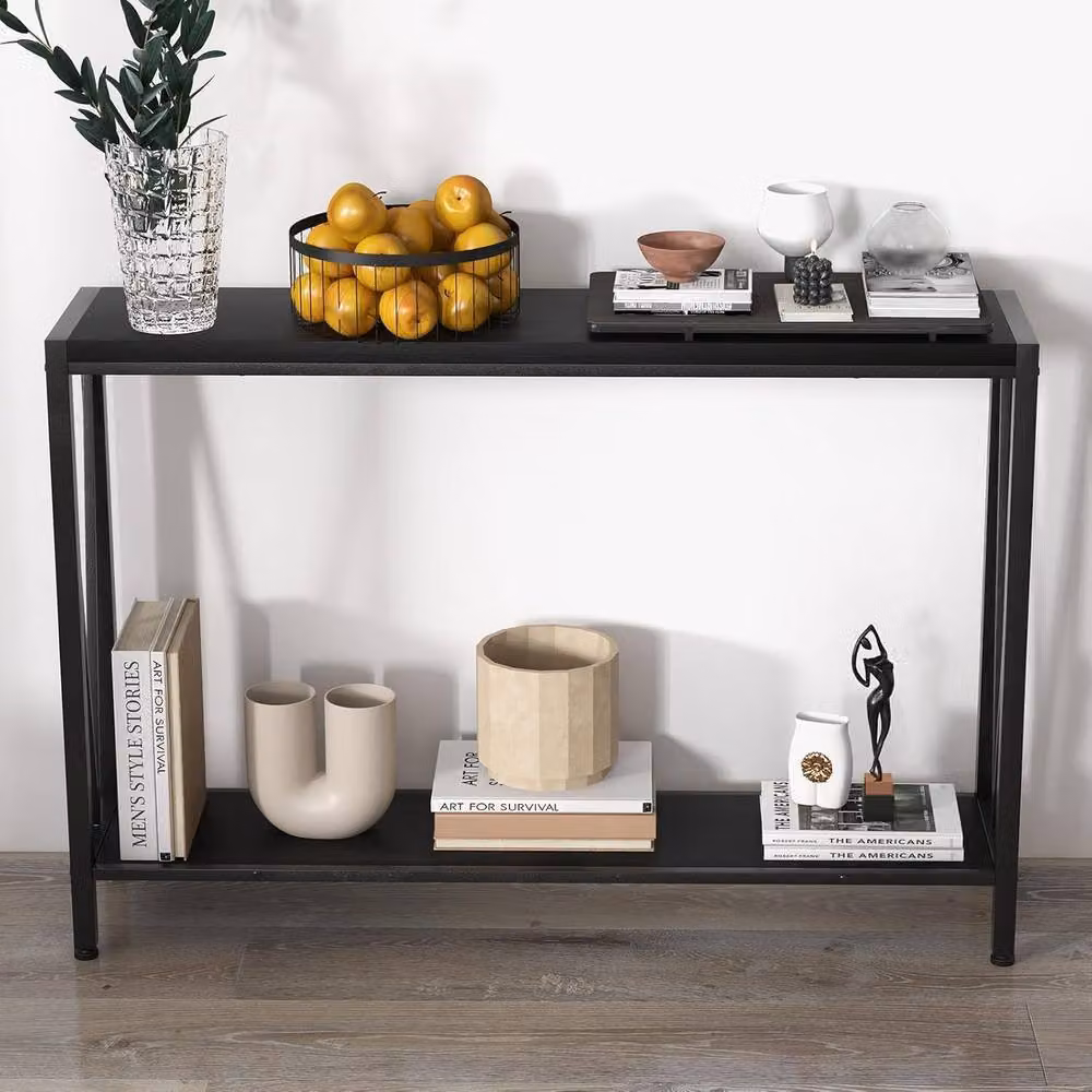 London Boutique Modern 2-Tier Narrow Console Table with Shelf in Black – 8