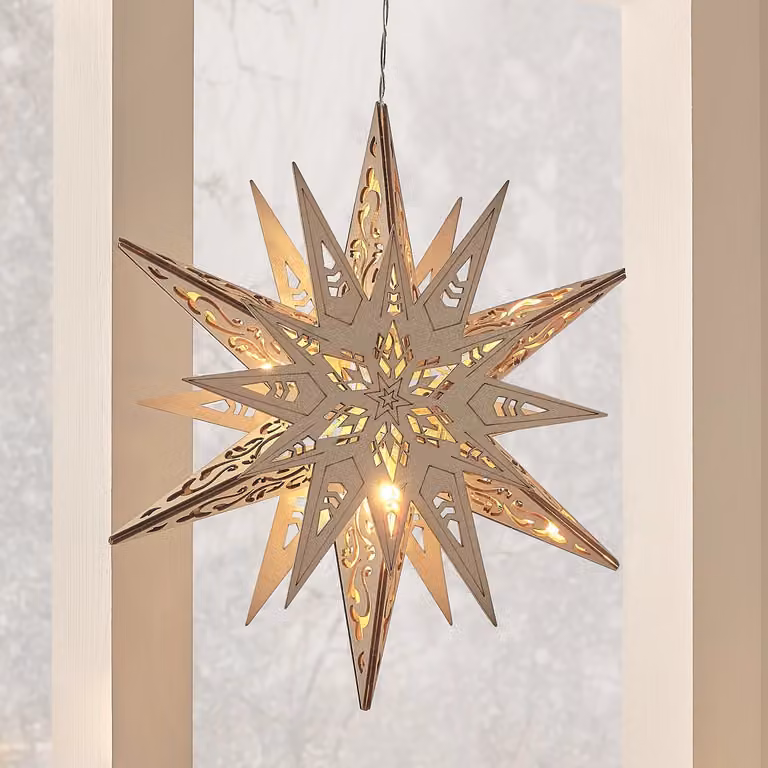 Lights4fun.co.uk Rustic Wooden Star Hanging Christmas Decoration with Remote Control, White and Brown
