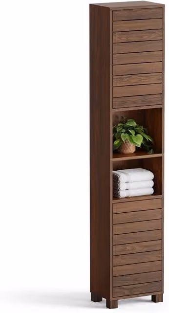EONLION Tall Brown Wood Bathroom Storage Cabinet with Hinged Doors and Internal Shelves, H 165 x W 34 x D 23 cm