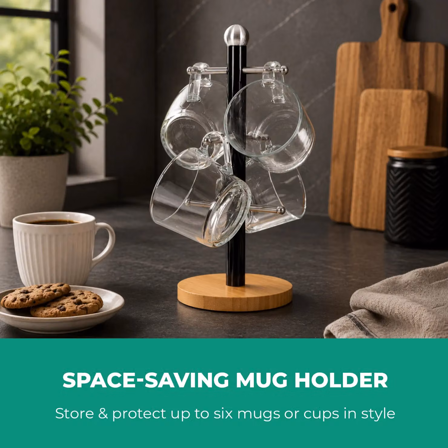 Royalford Black Mug Tree with 6 Hooks and Bamboo Base – 3