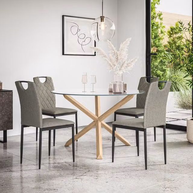 More4Homes Malvern Round Dining Table and 4 Monza Fabric Chairs Set, Clear Glass Top with Solid Oak Legs, Grey