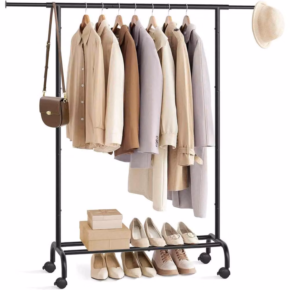 The Bazaarist Extendable Rolling Garment Rail with Wheels, Matt Black Metal – 2