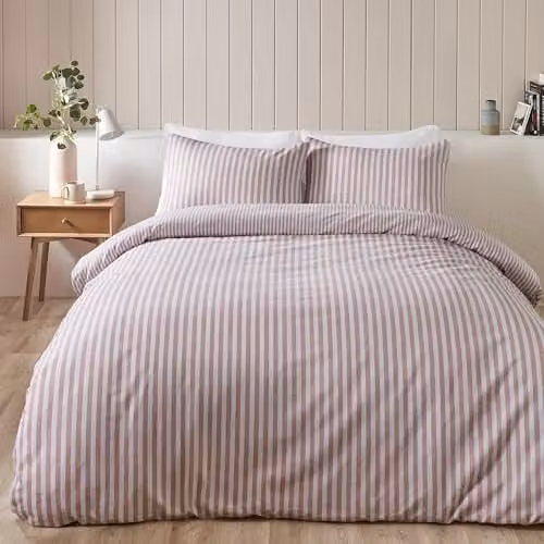 Catherine Lansfield Reversible Brushed Stripe Cotton Flannelette Single Duvet Cover and Pillowcase Set, Pink, Duvet Cover: 135 x 200 cm, Pillowcase: 50 x 75 cm