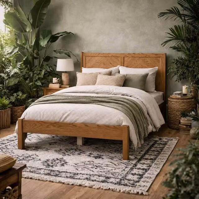 Wyld Haus Dungarvan Chevron Double Bed in Natural Wood with Headboard, W/D/H: 140 x 200 cm – 1