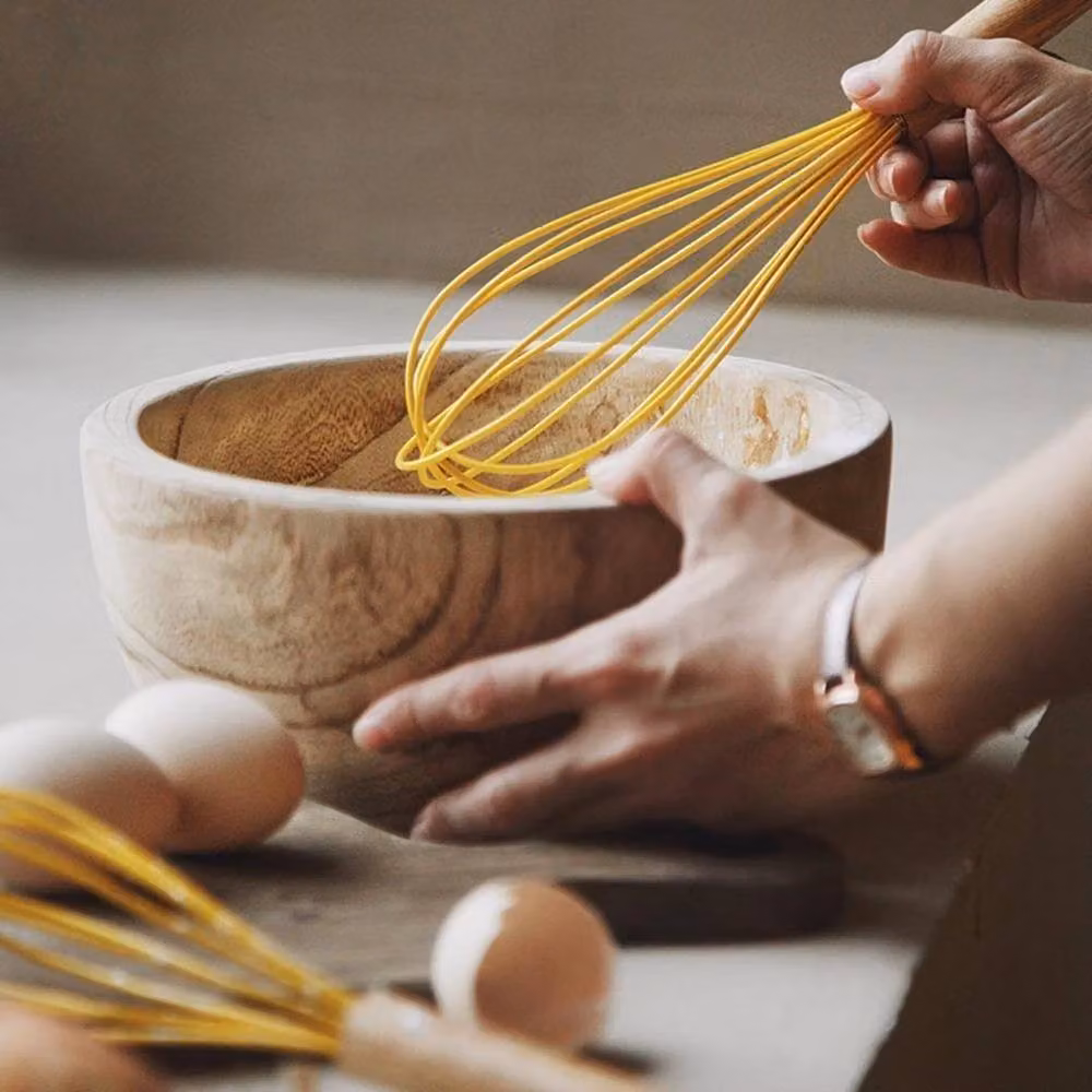 Pawnora Yellow Silicone Whisk with Non-Scratch Wooden Handle, Length: 30.48 cm – 4
